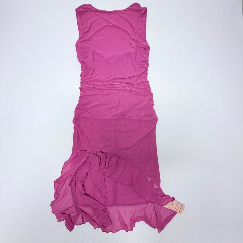 Sheseeworld Fuchsia Pink Ruched Mesh High Low Ruffle Bodycon Dress Large NEW